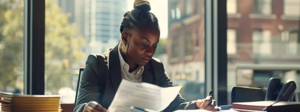 a lawyer confidently negotiating a successful atlanta accident settlement with a determined expression and a stack of important documents on the table.