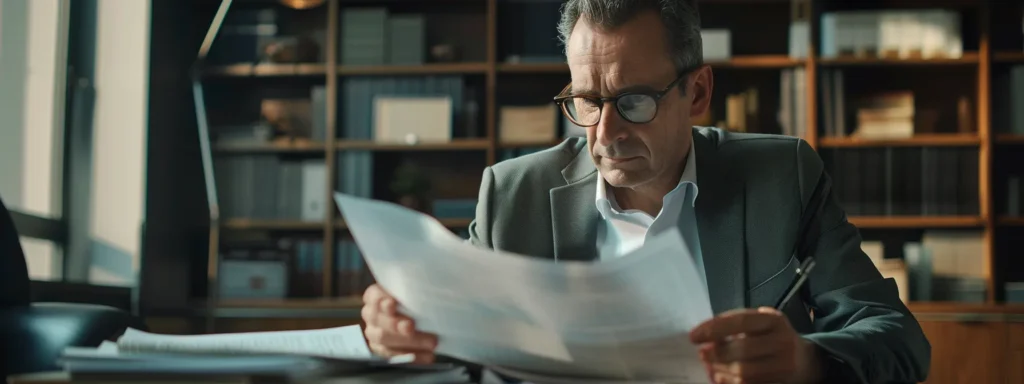 a determined lawyer reviewing a stack of documents with a confident expression in a modern office setting.