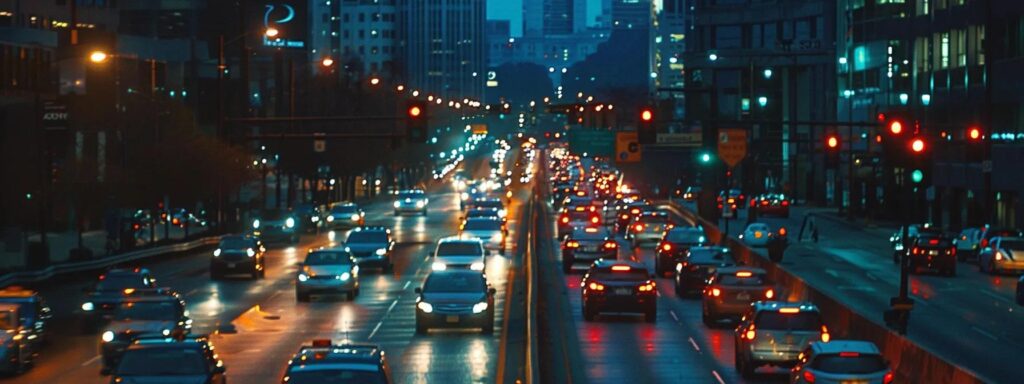 a dramatic cityscape of atlanta at dusk, showcasing the bustling traffic flow with vibrant car lights, symbolizing the complexity of traffic laws and their impact on accident cases.
