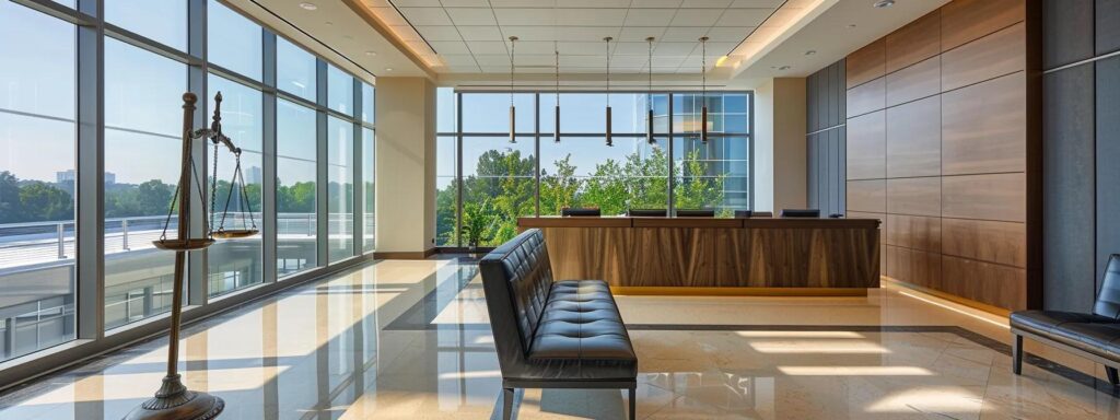 a sleek, modern law office in atlanta exuding professionalism, with large windows allowing natural light to illuminate a spacious, well-organized environment, featuring striking imagery of justice scales prominently displayed.