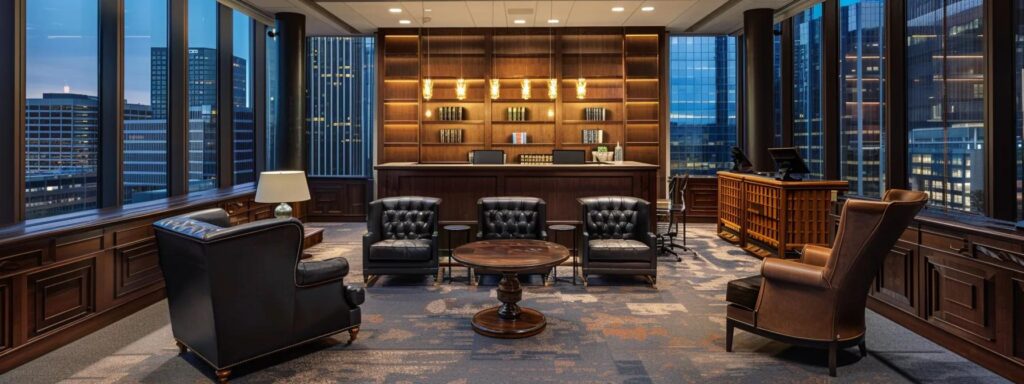 a stately law office in atlanta, adorned with elegant furnishings and warm ambient lighting, conveys a sense of professionalism and trust amidst a backdrop of bustling city life.