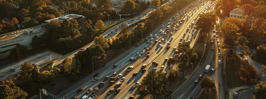 a dramatic aerial view of bustling atlanta traffic juxtaposed with a serene law office façade, embodying the tension between urban chaos and legal order, captured in golden hour lighting for a striking contrast.