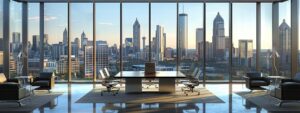 a modern law office interior is elegantly designed with sleek furniture, a polished conference table at the center, and a backdrop of cityscape views through large windows, conveying professionalism and authority in representing car accident cases in atlanta.