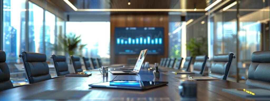 a polished office conference room features a sleek wooden table adorned with a digital tablet displaying charts and infographics related to car accident attorney fees, illuminated by sophisticated overhead lighting that enhances the professional atmosphere.