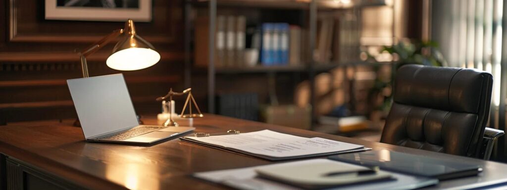 a focused attorney's office, featuring a sleek desk with legal documents and a laptop illuminated by warm artificial light, capturing the essence of professionalism and clarity as the attorney reviews upfront costs and retainer fees for clients involved in car accidents.